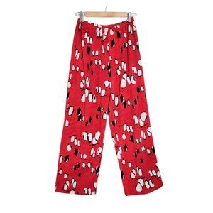 HUE PJ Pants Red Penguin Print Wide Leg Elastic Waist Warm Fleece PJ Lounge Pant